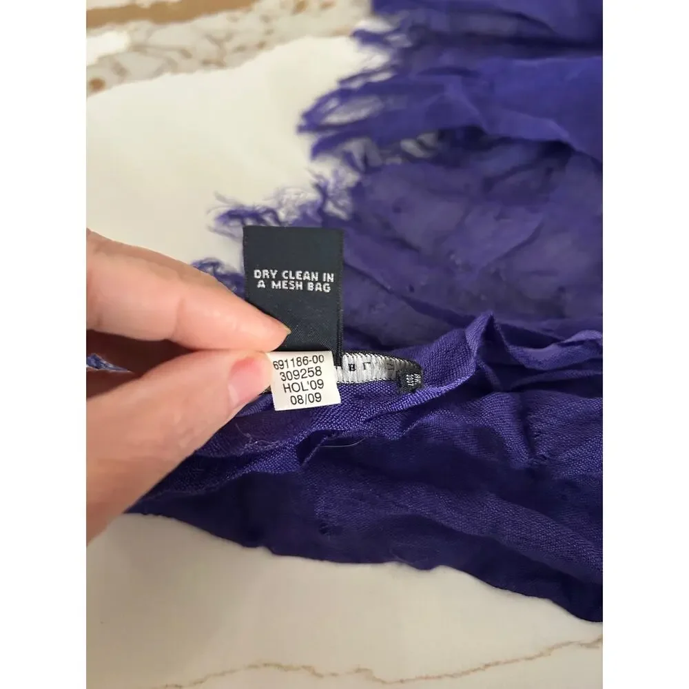 Banana Republic Silk Wool Scarf Purple Blue Geometric Crinkle Fringe Wrap Shawl